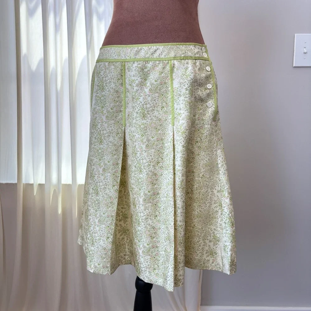 90s Vintage Ann Taylor Silk Skirt 8P Green Floral A Line Cottage Fairy Coquette